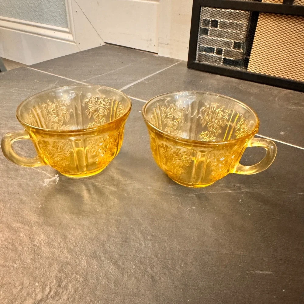 Antique Amber Depression Glass Tea Cups Embossed Floral Pattern Set of 2 Vintage